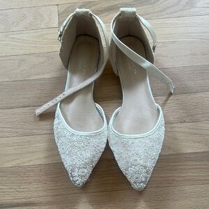 Lace Pointed-Toe Ankle-Strap Flats in Ivory Kailee P bridal